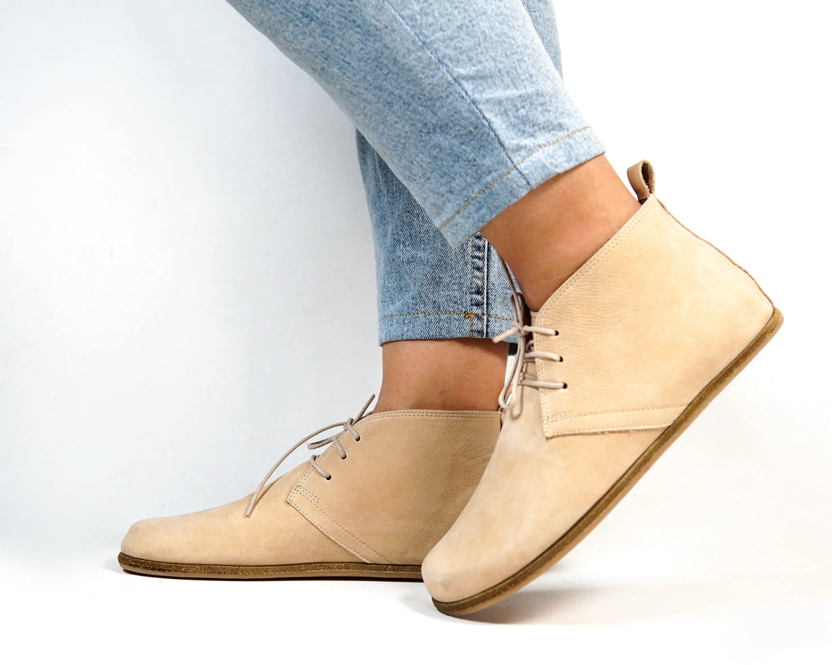 Nubuck Barefoot Bootie Laces Shoes – Classic Sole — Leather Sole – Cream