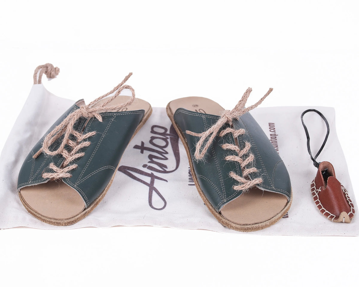 Smooth Barefoot Laces Sandals Shoes – Classic Sole — Leather Sole – Green