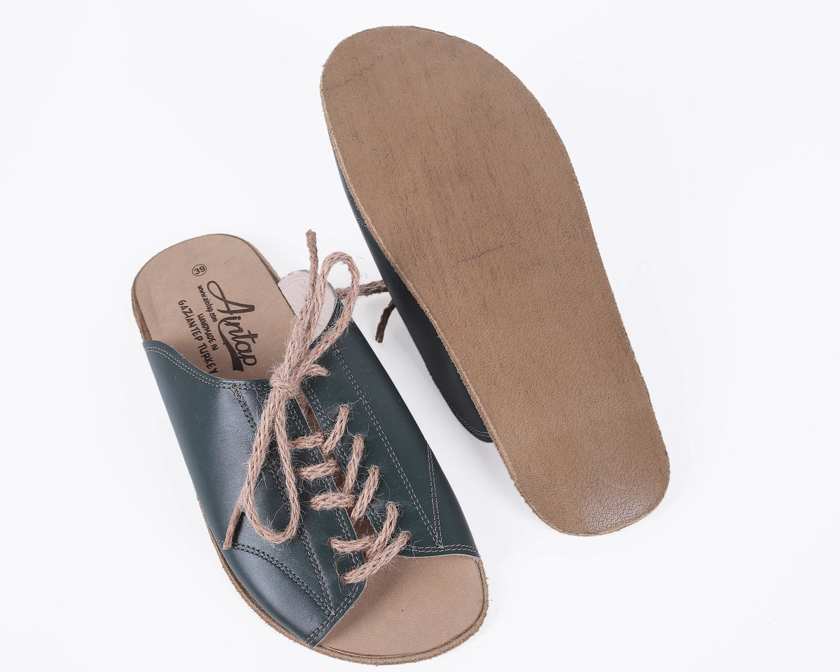 Smooth Barefoot Laces Sandals Shoes – Classic Sole — Leather Sole – Green