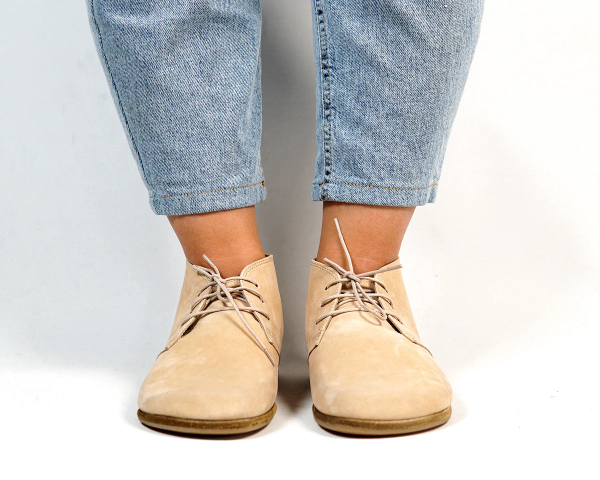 Nubuck Barefoot Bootie Laces Shoes – Classic Sole — Leather Sole – Cream