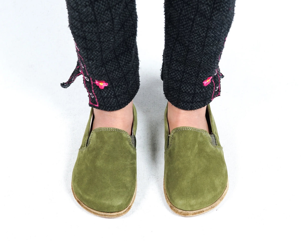 Nubuck Barefoot Ballet Shoes – Classic Sole — Leather Sole – Green