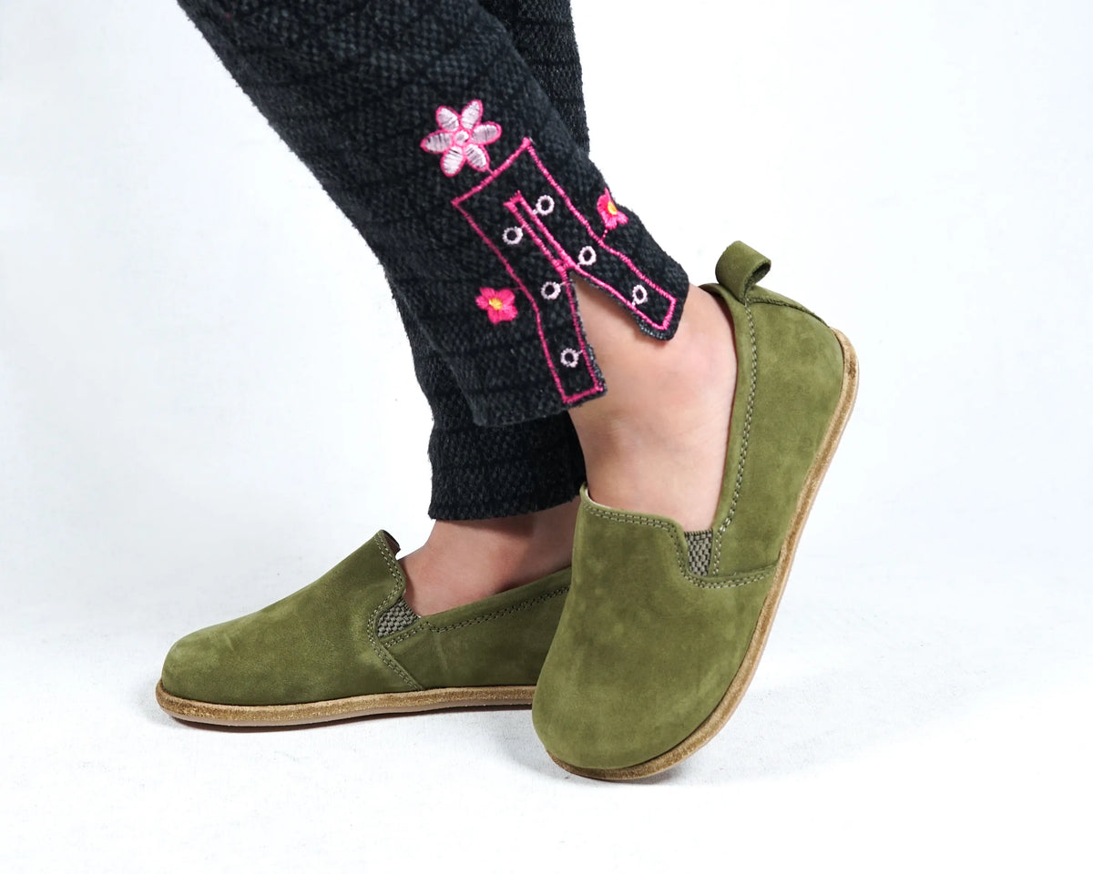 Nubuck Barefoot Ballet Shoes – Classic Sole — Leather Sole – Green