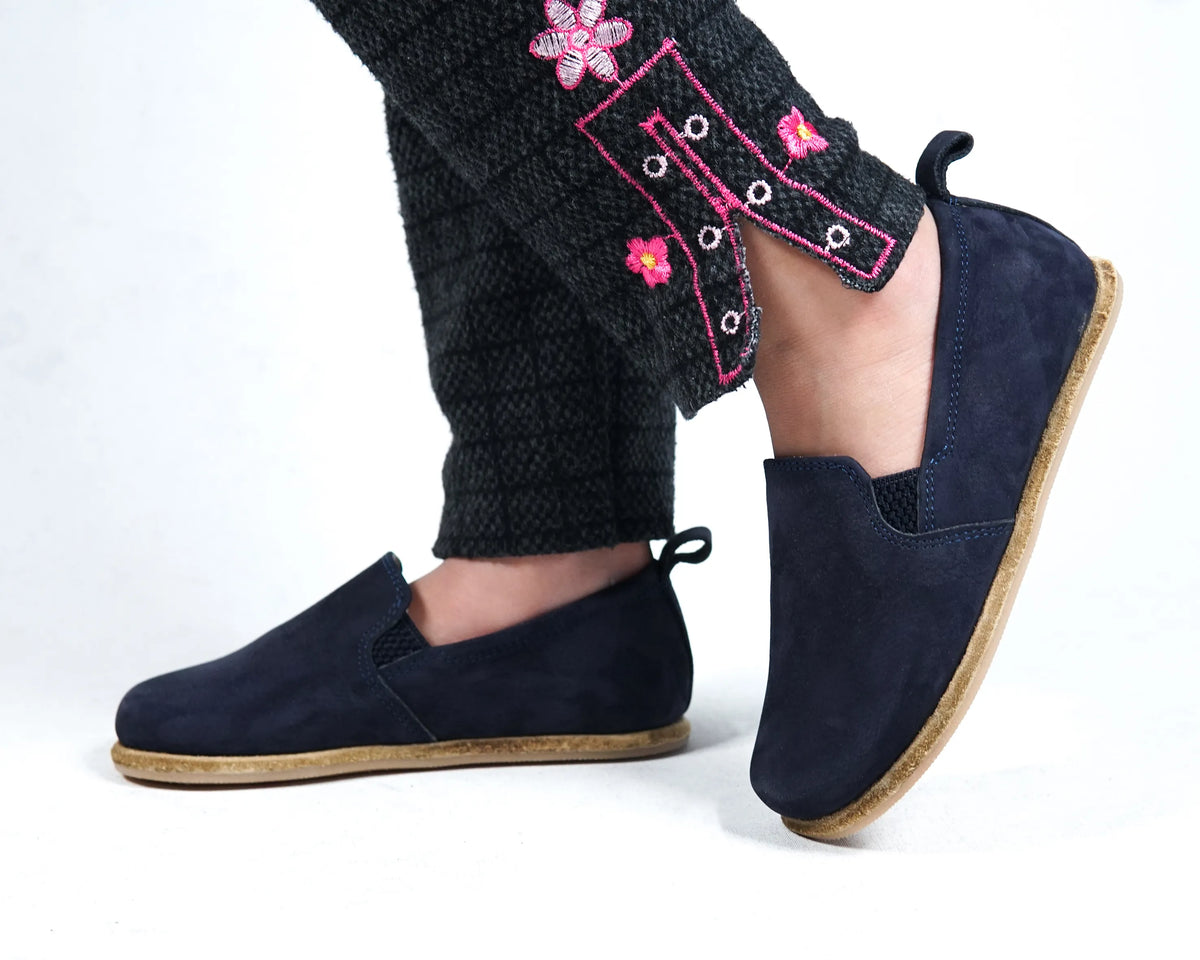 Nubuck Barefoot Ballet Shoes – Classic Sole — Leather Sole – Navy Blue