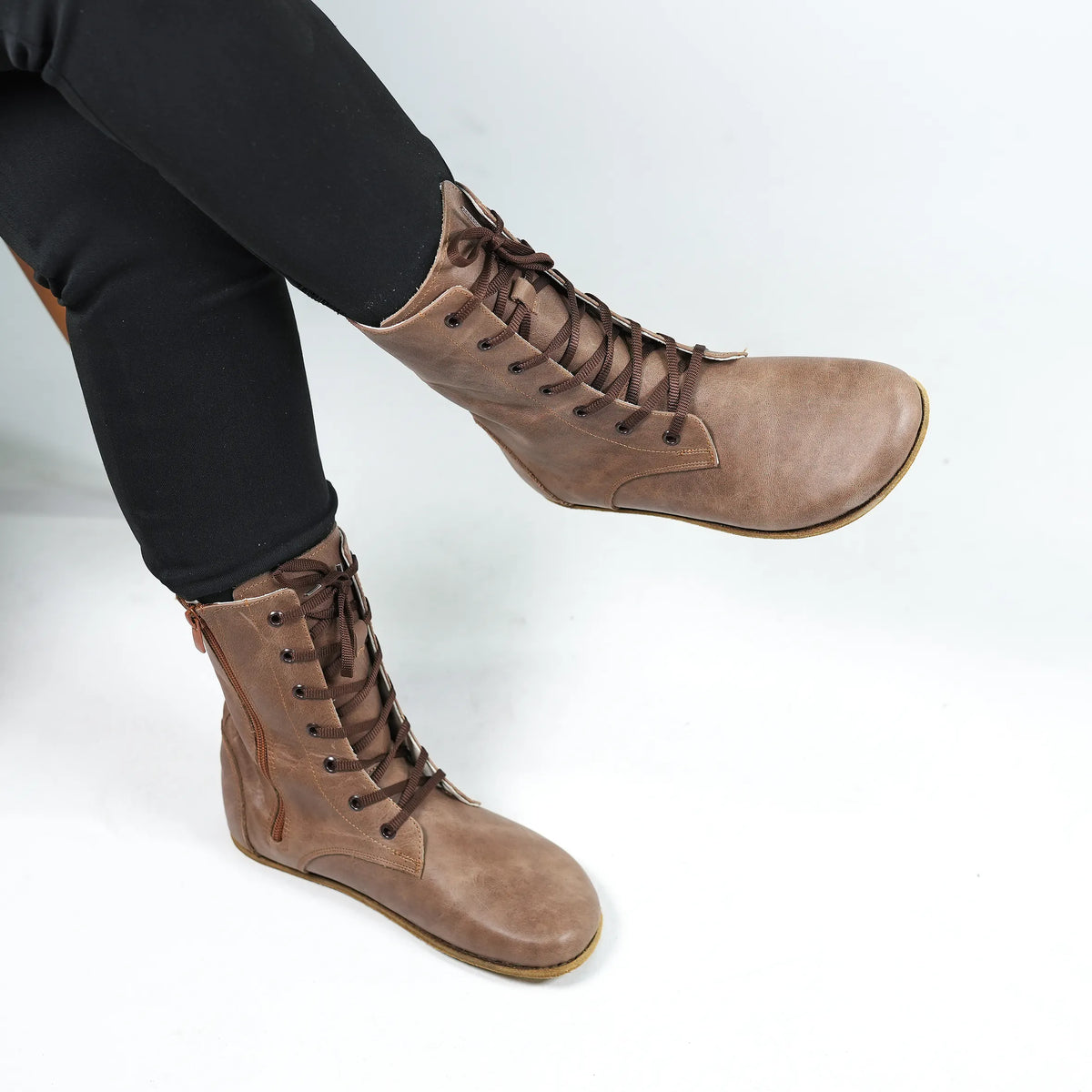 Crazy Barefoot Long Boots Shoes – Classic Sole — Leather Sole – Beige Bizon
