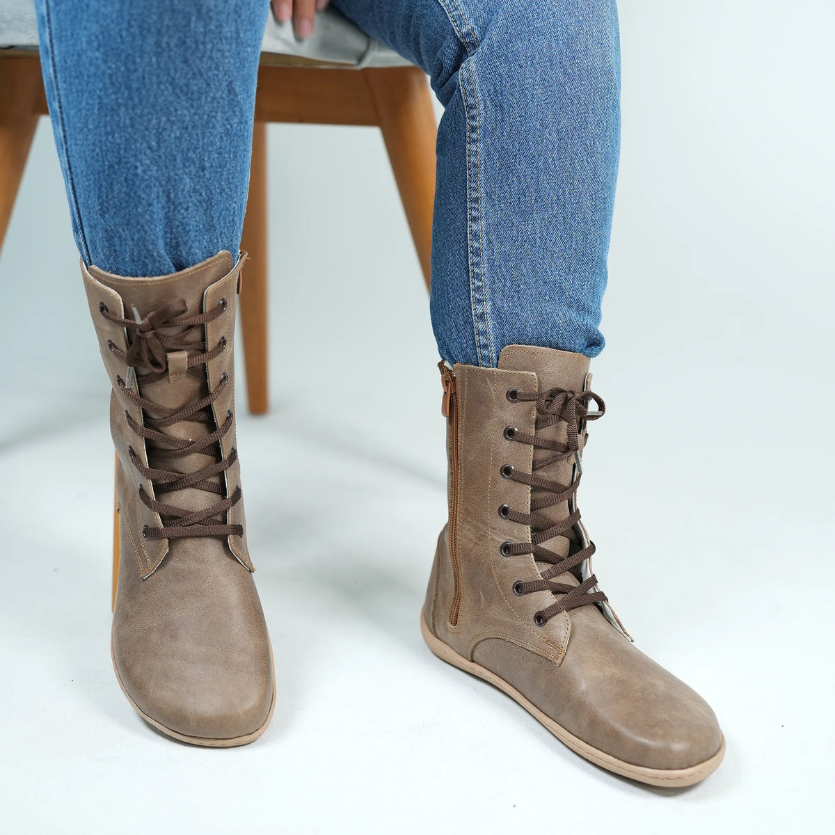 Crazy Barefoot Long Boots Shoes – 6mm Rubber Sole – Beige Bizon