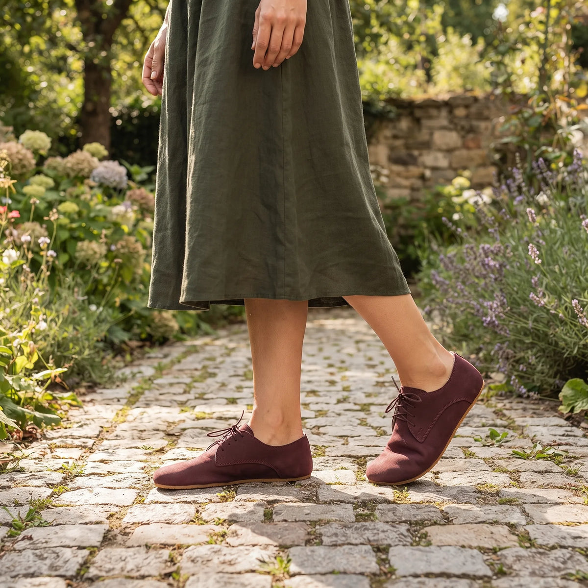 Nubuck Barefoot Oxford Shoes – Rubber Sole – Burgundy