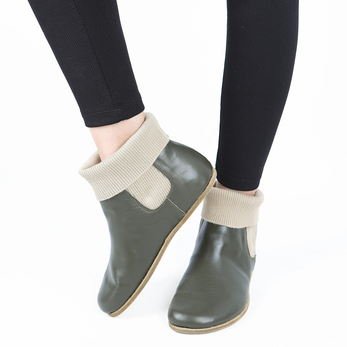 Smooth Barefoot Socks Chelsea Shoes – Classic Sole — Leather Sole – Olive Green