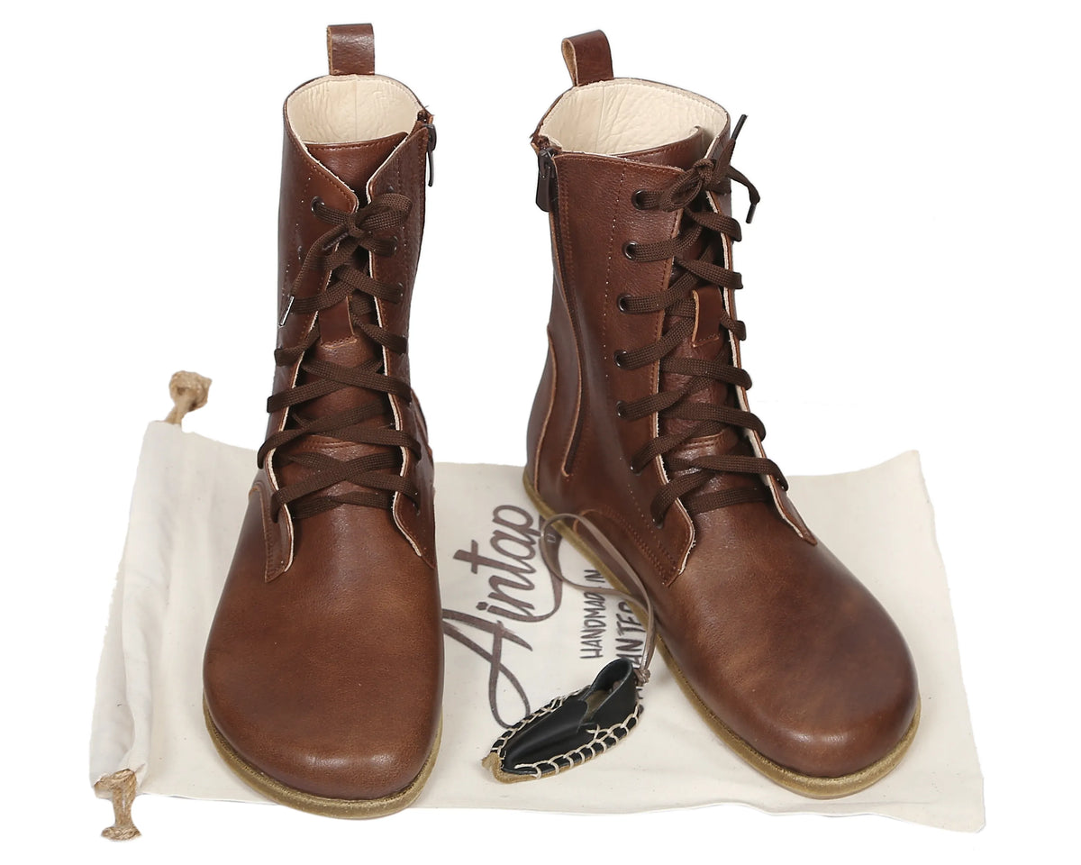 Smooth Barefoot Long Boots Shoes – Classic Sole — Leather Sole – Dark Brown