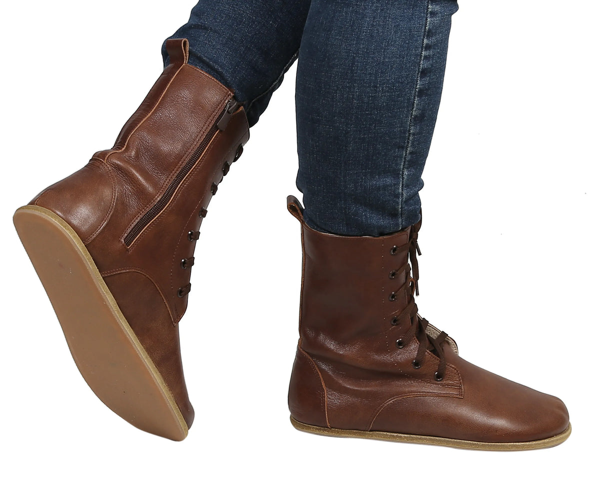 Smooth Barefoot Long Boots Shoes – Classic Sole — Leather Sole – Dark Brown