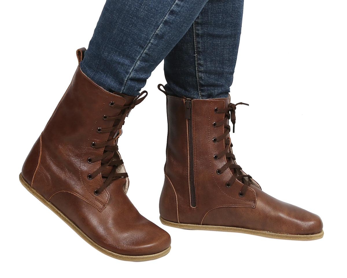 Smooth Barefoot Long Boots Shoes – Classic Sole — Leather Sole – Dark Brown