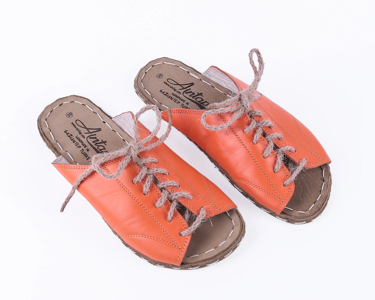 Smooth Barefoot Laces Sandals Shoes — Leather Sole – Orange