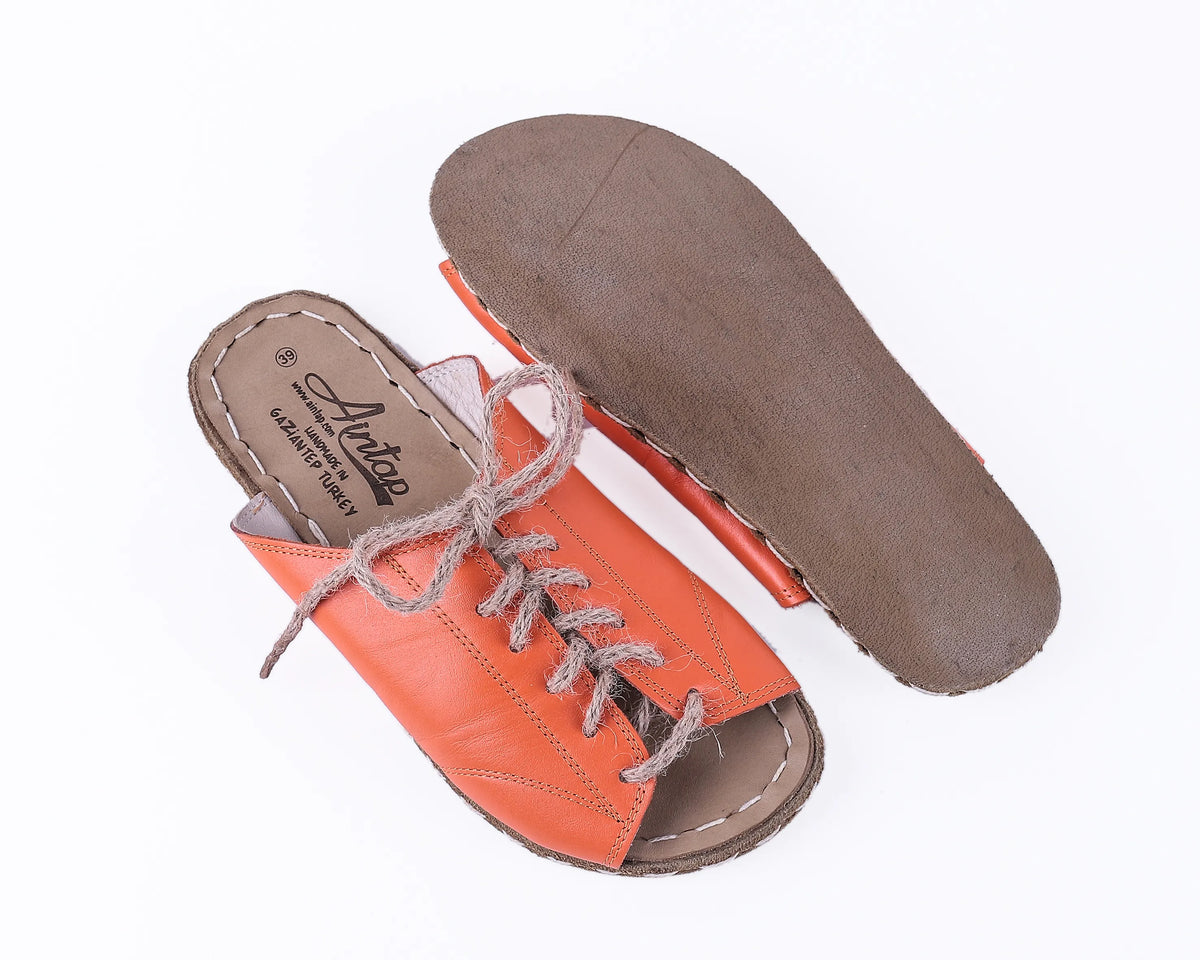 Smooth Barefoot Laces Sandals Shoes — Leather Sole – Orange