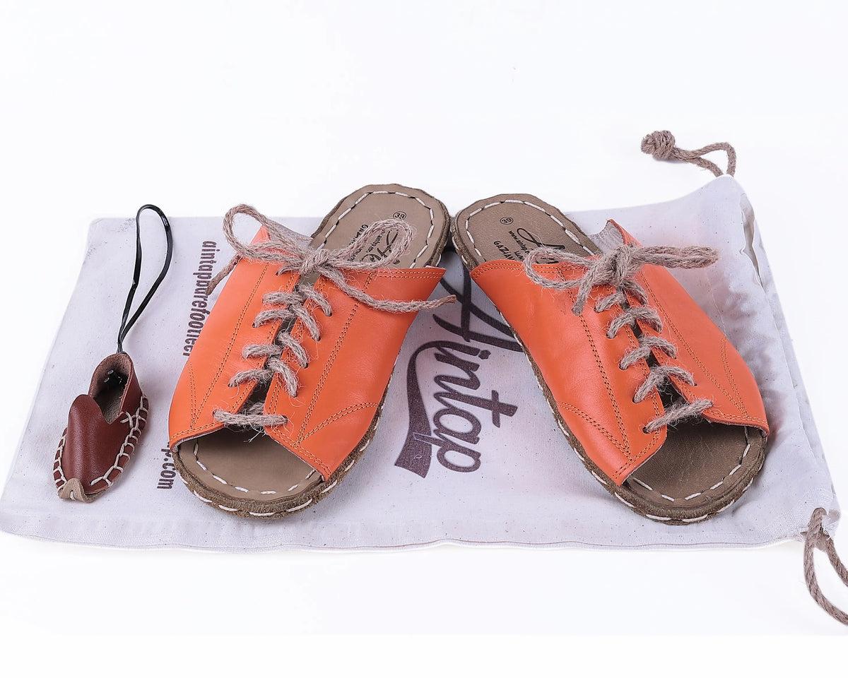 Smooth Barefoot Laces Sandals Shoes — Leather Sole – Orange