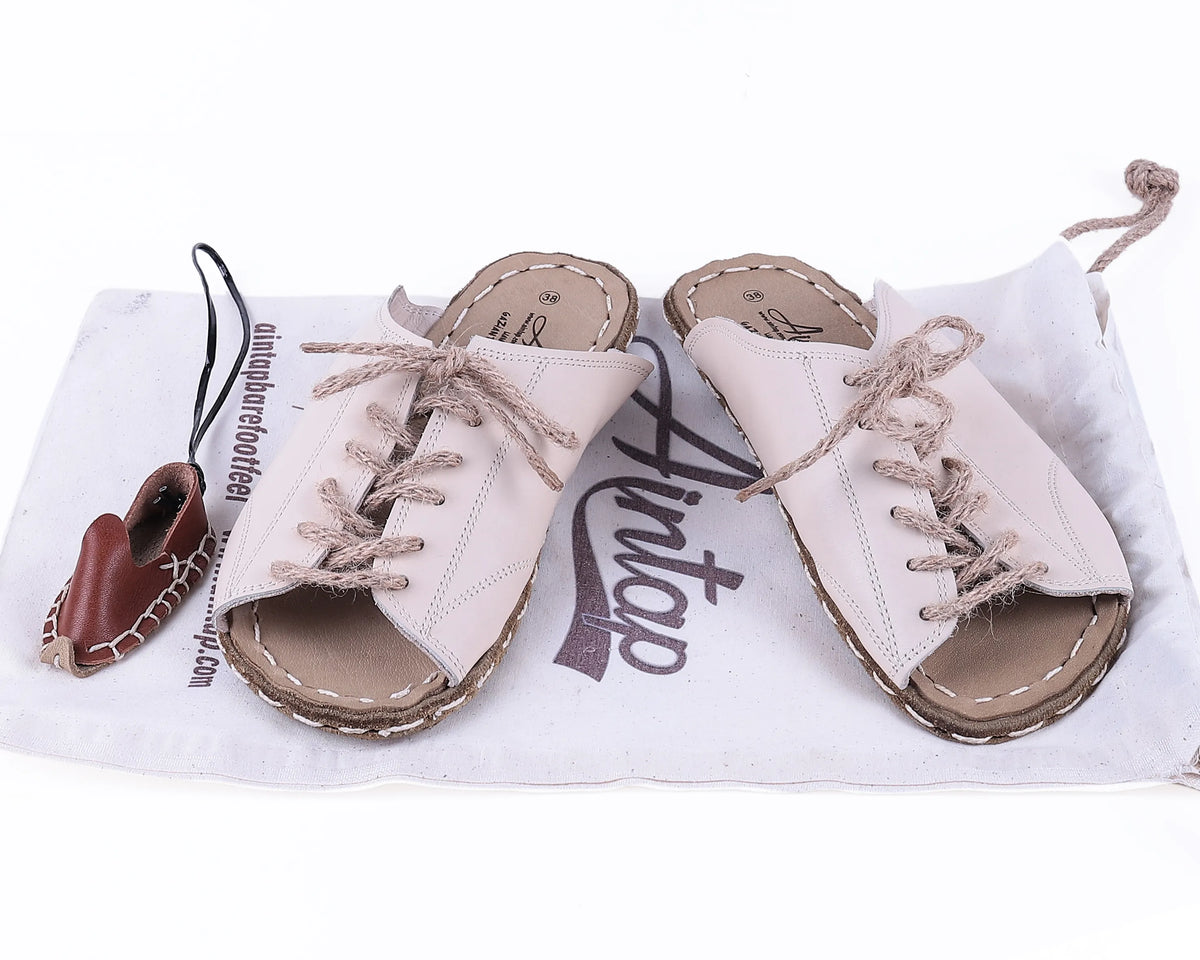 Smooth Barefoot Laces Sandals Shoes — Leather Sole – Cream