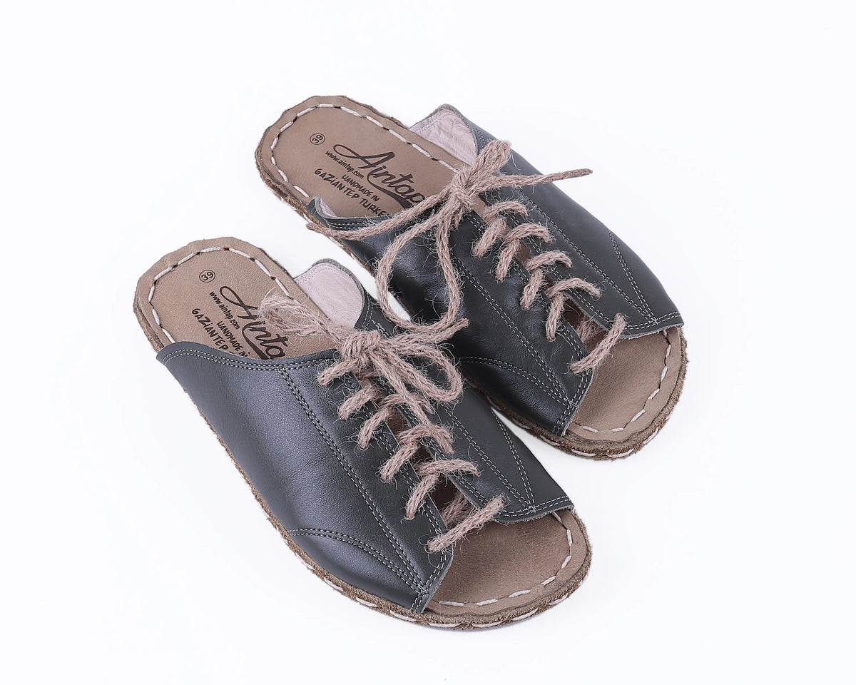 Smooth Barefoot Laces Sandals Shoes — Leather Sole – Olive Green