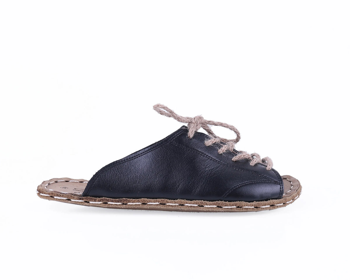 Smooth Barefoot Laces Sandals Shoes — Leather Sole – Black