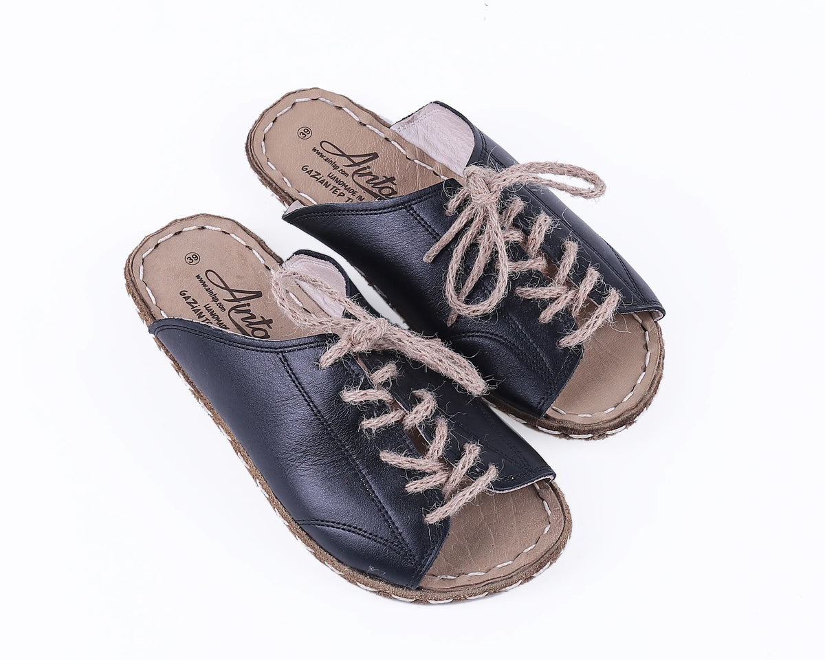 Smooth Barefoot Laces Sandals Shoes — Leather Sole – Black