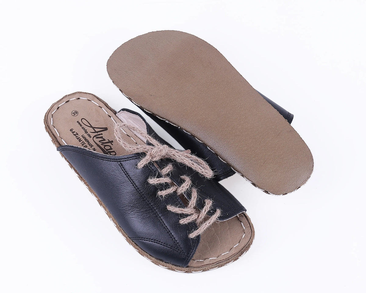 Smooth Barefoot Laces Sandals Shoes — Leather Sole – Black