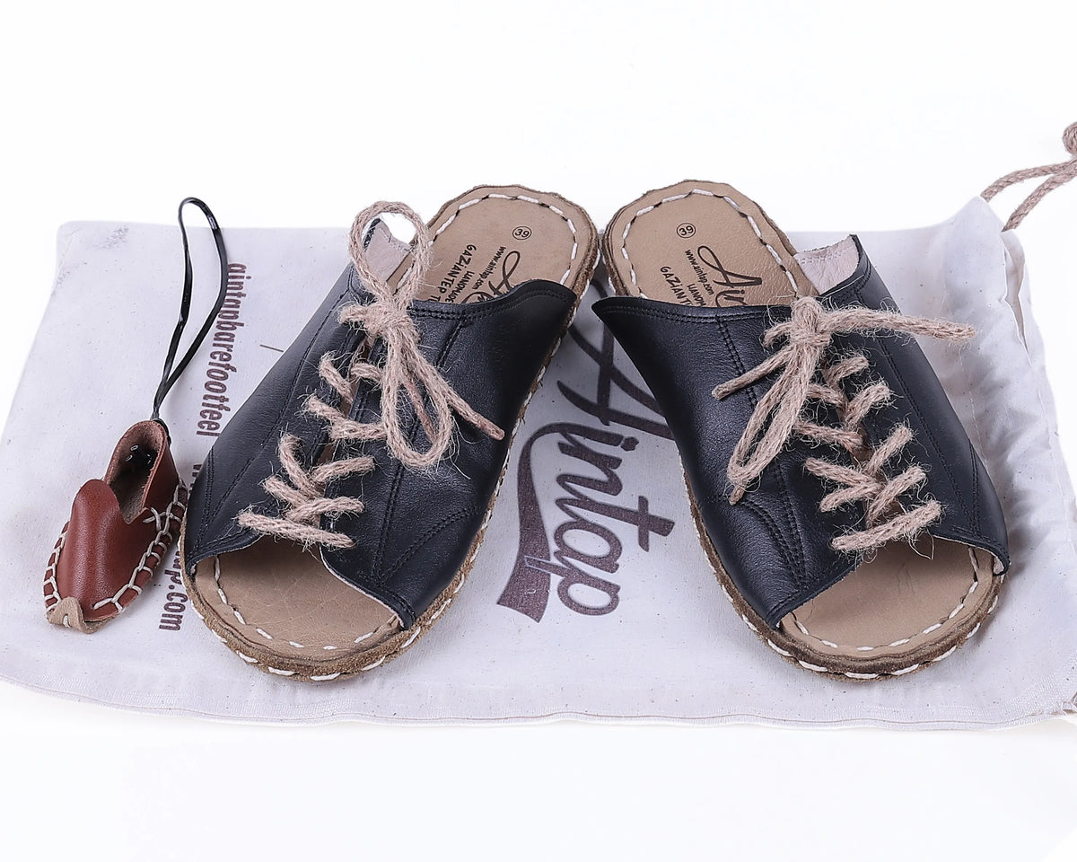 Smooth Barefoot Laces Sandals Shoes — Leather Sole – Black