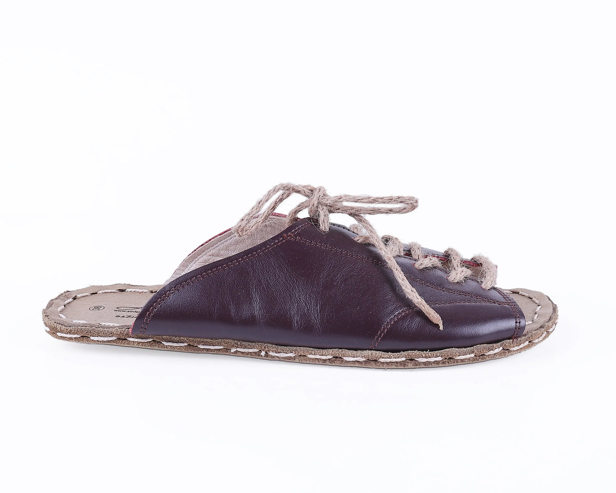 Smooth Barefoot Laces Sandals Shoes — Leather Sole – Burgundy