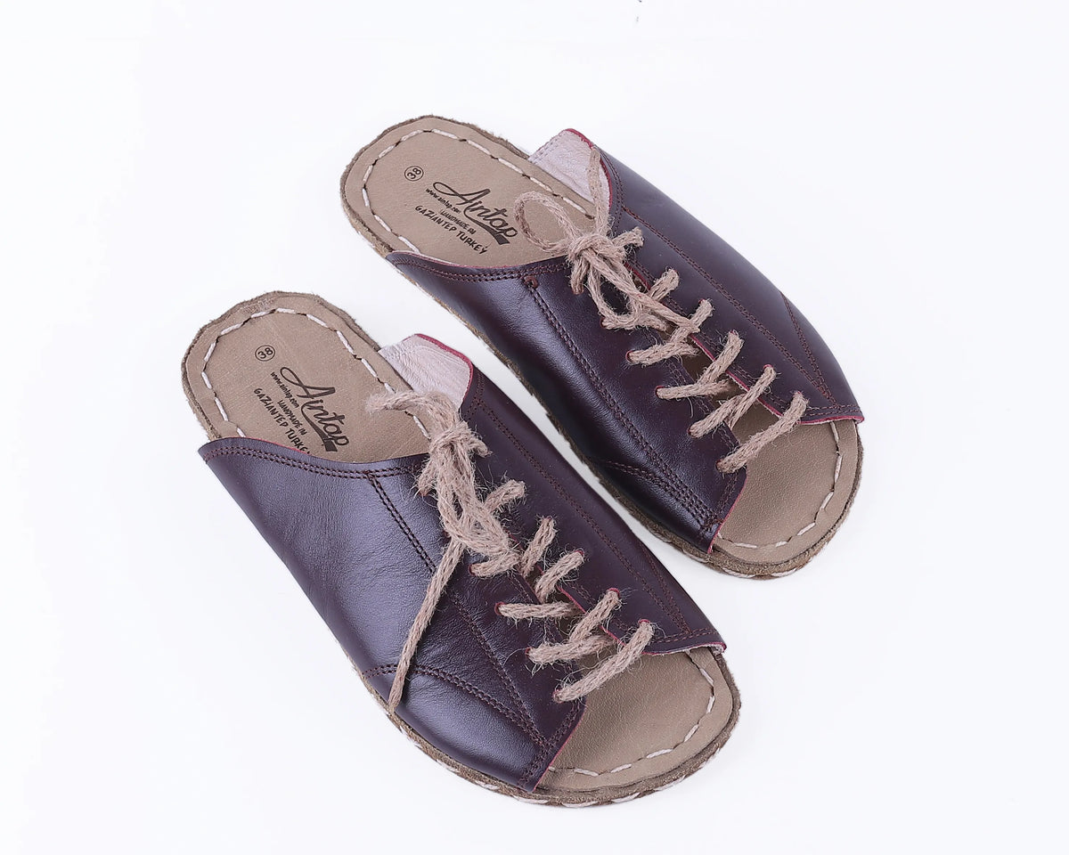 Smooth Barefoot Laces Sandals Shoes — Leather Sole – Burgundy