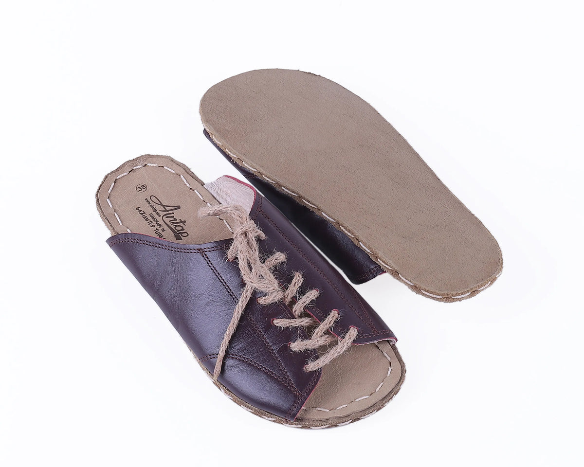 Smooth Barefoot Laces Sandals Shoes — Leather Sole – Burgundy