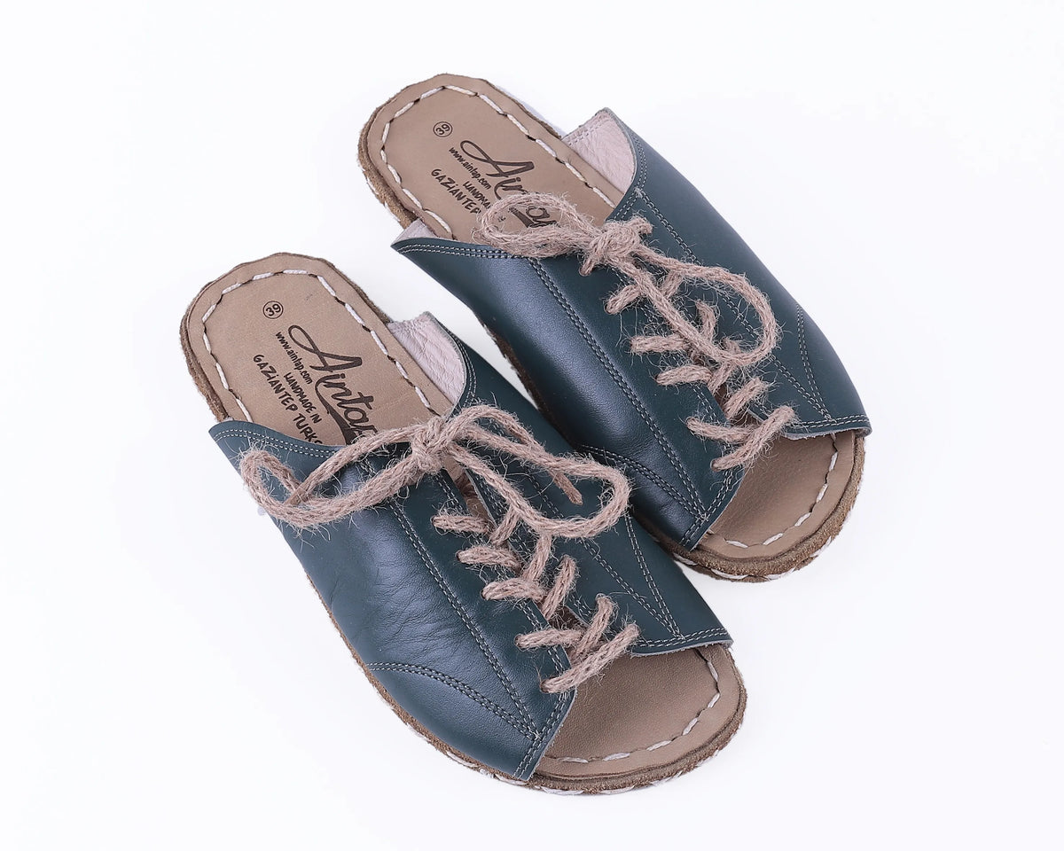 Smooth Barefoot Laces Sandals Shoes — Leather Sole – Green