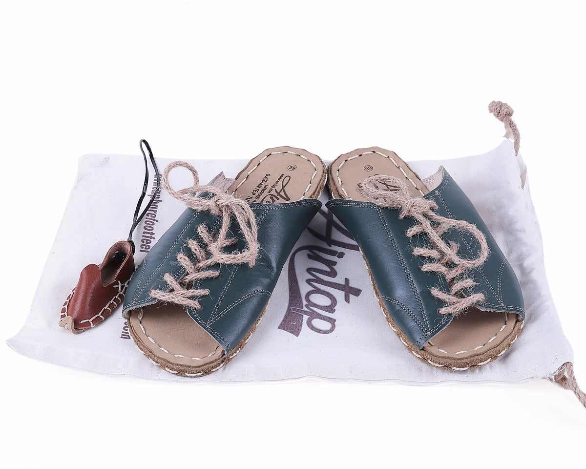 Smooth Barefoot Laces Sandals Shoes — Leather Sole – Green
