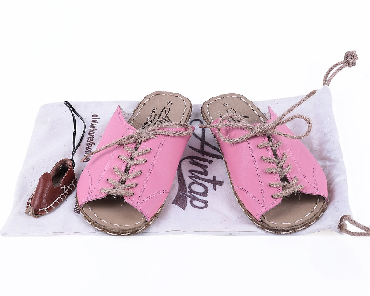 Smooth Barefoot Laces Sandals Shoes — Leather Sole – Pink
