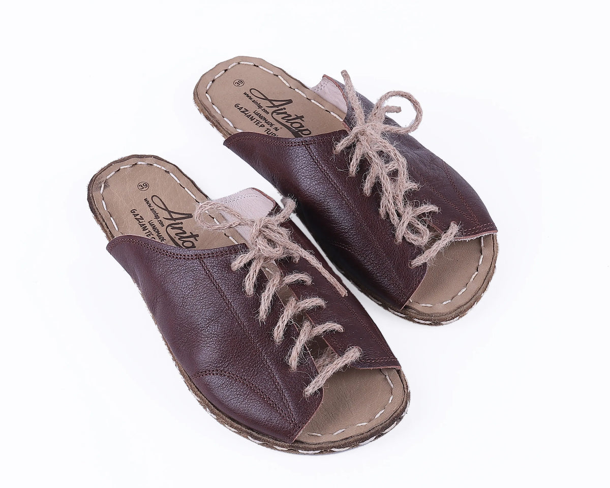 Smooth Barefoot Laces Sandals Shoes — Leather Sole – Dark Brown