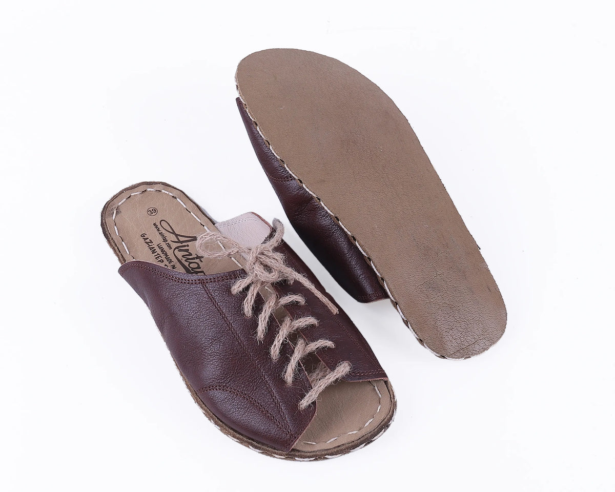 Smooth Barefoot Laces Sandals Shoes — Leather Sole – Dark Brown
