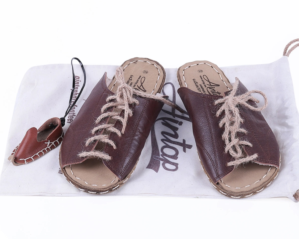 Smooth Barefoot Laces Sandals Shoes — Leather Sole – Dark Brown