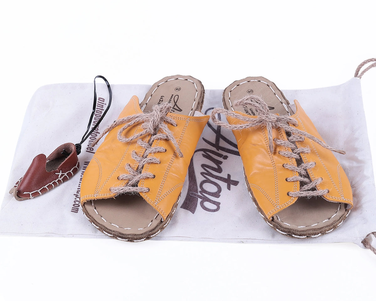 Smooth Barefoot Laces Sandals Shoes — Leather Sole – Mustard