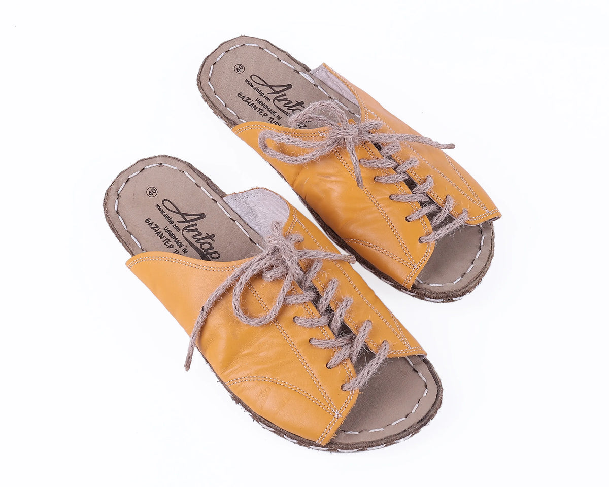 Smooth Barefoot Laces Sandals Shoes — Leather Sole – Mustard