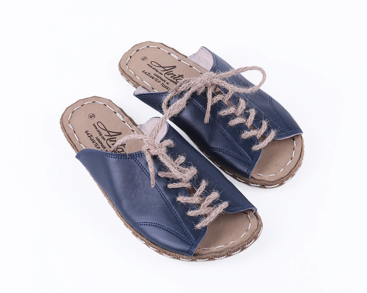 Smooth Barefoot Laces Sandals Shoes — Leather Sole – Navy Blue