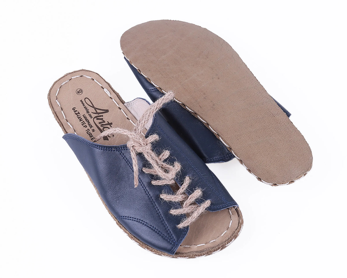 Smooth Barefoot Laces Sandals Shoes — Leather Sole – Navy Blue