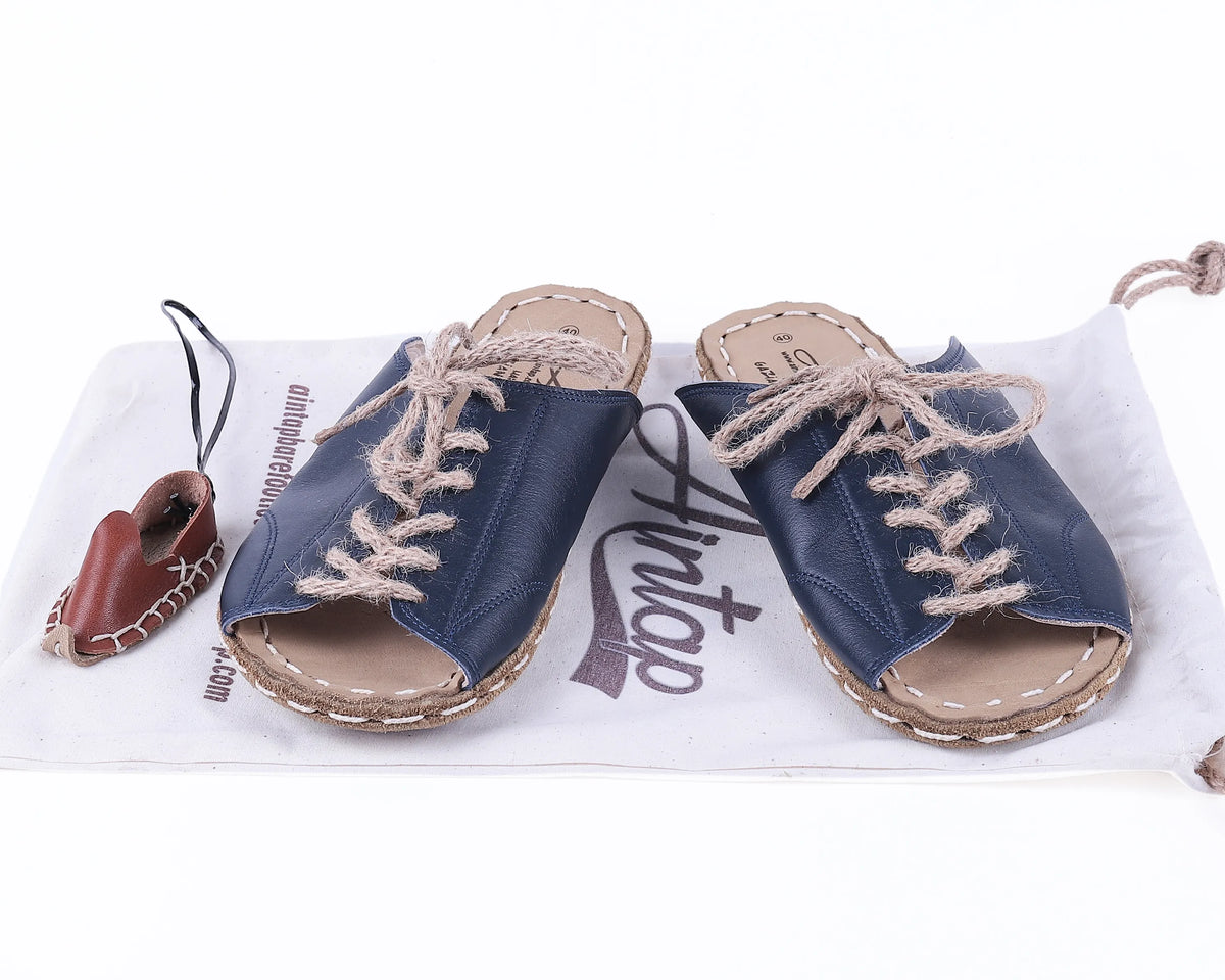 Smooth Barefoot Laces Sandals Shoes — Leather Sole – Navy Blue