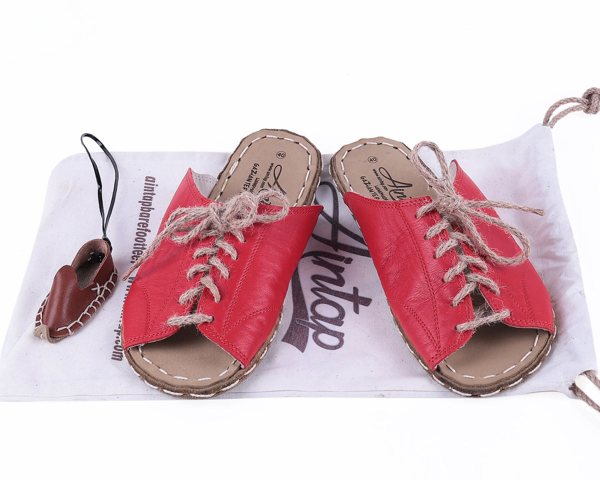 Smooth Barefoot Laces Sandals Shoes — Leather Sole – Red