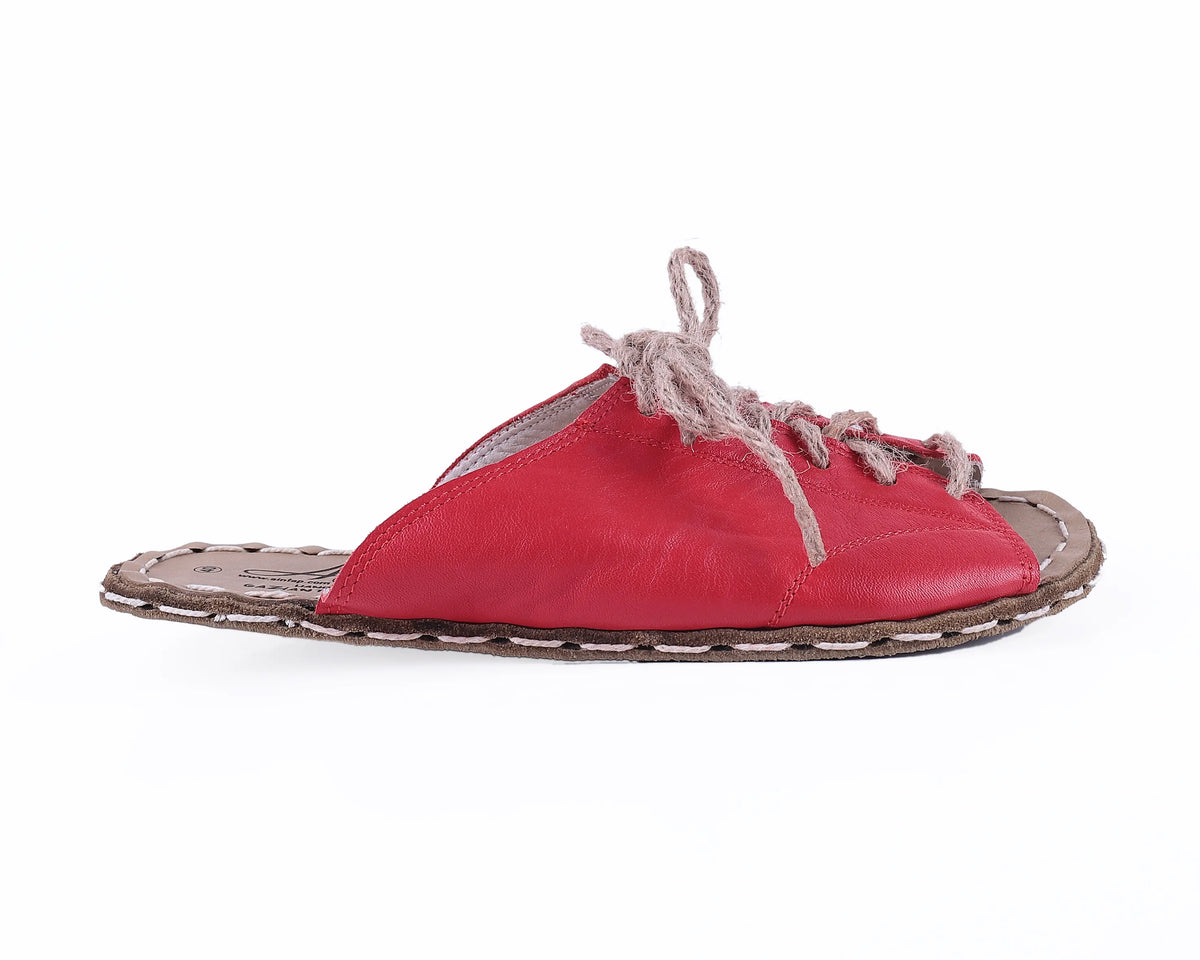 Smooth Barefoot Laces Sandals Shoes — Leather Sole – Red