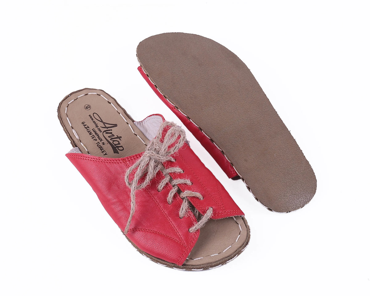 Smooth Barefoot Laces Sandals Shoes — Leather Sole – Red