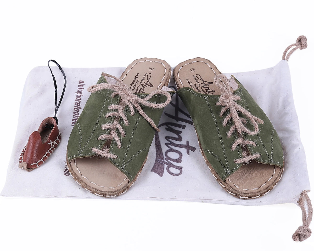 Nubuck Barefoot Laces Sandals Shoes — Leather Sole – Green