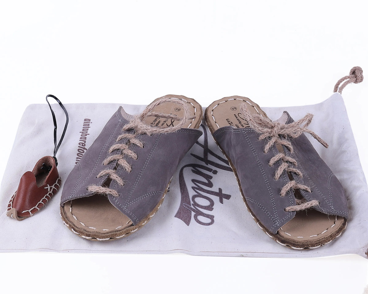 Nubuck Barefoot Laces Sandals Shoes — Leather Sole – Gray