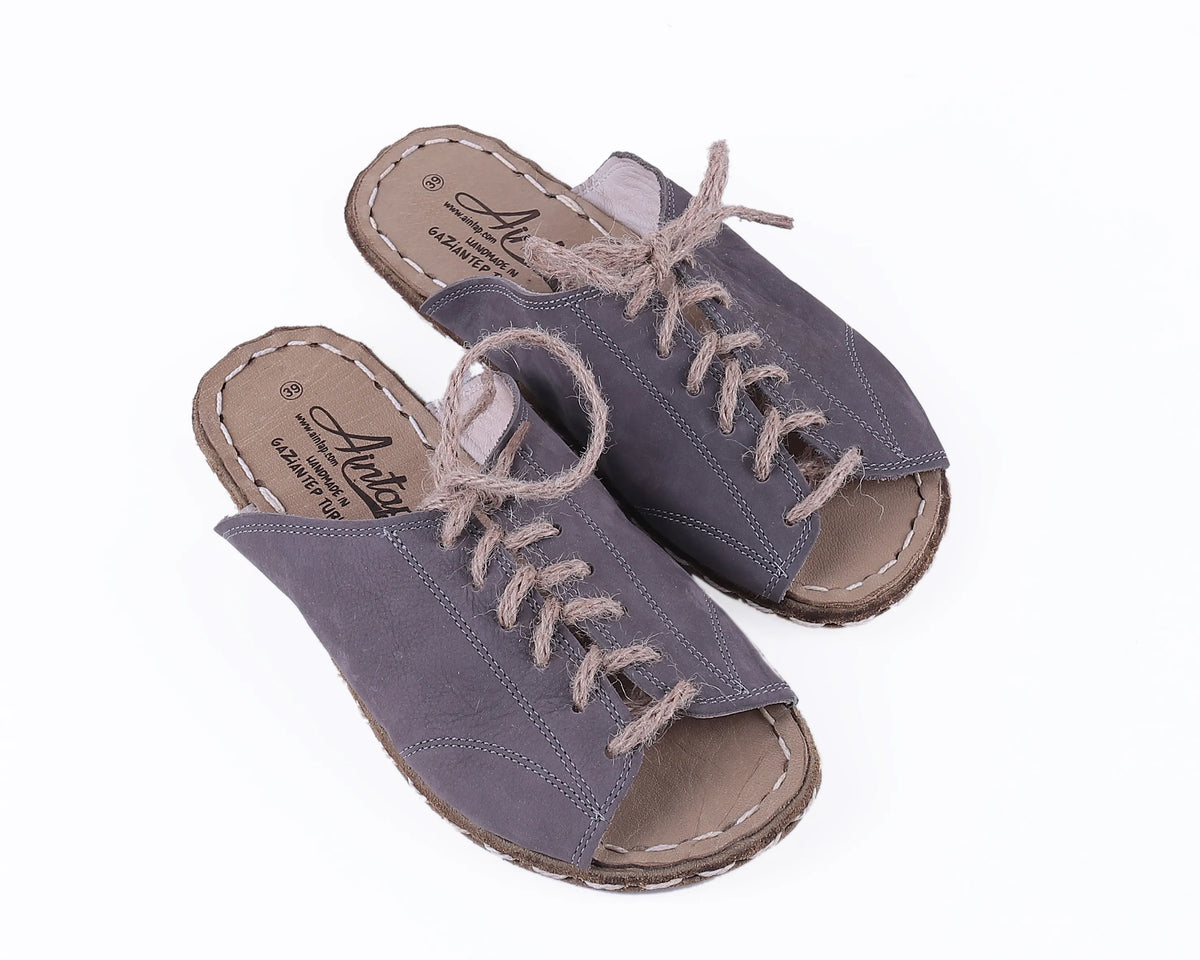 Nubuck Barefoot Laces Sandals Shoes — Leather Sole – Gray