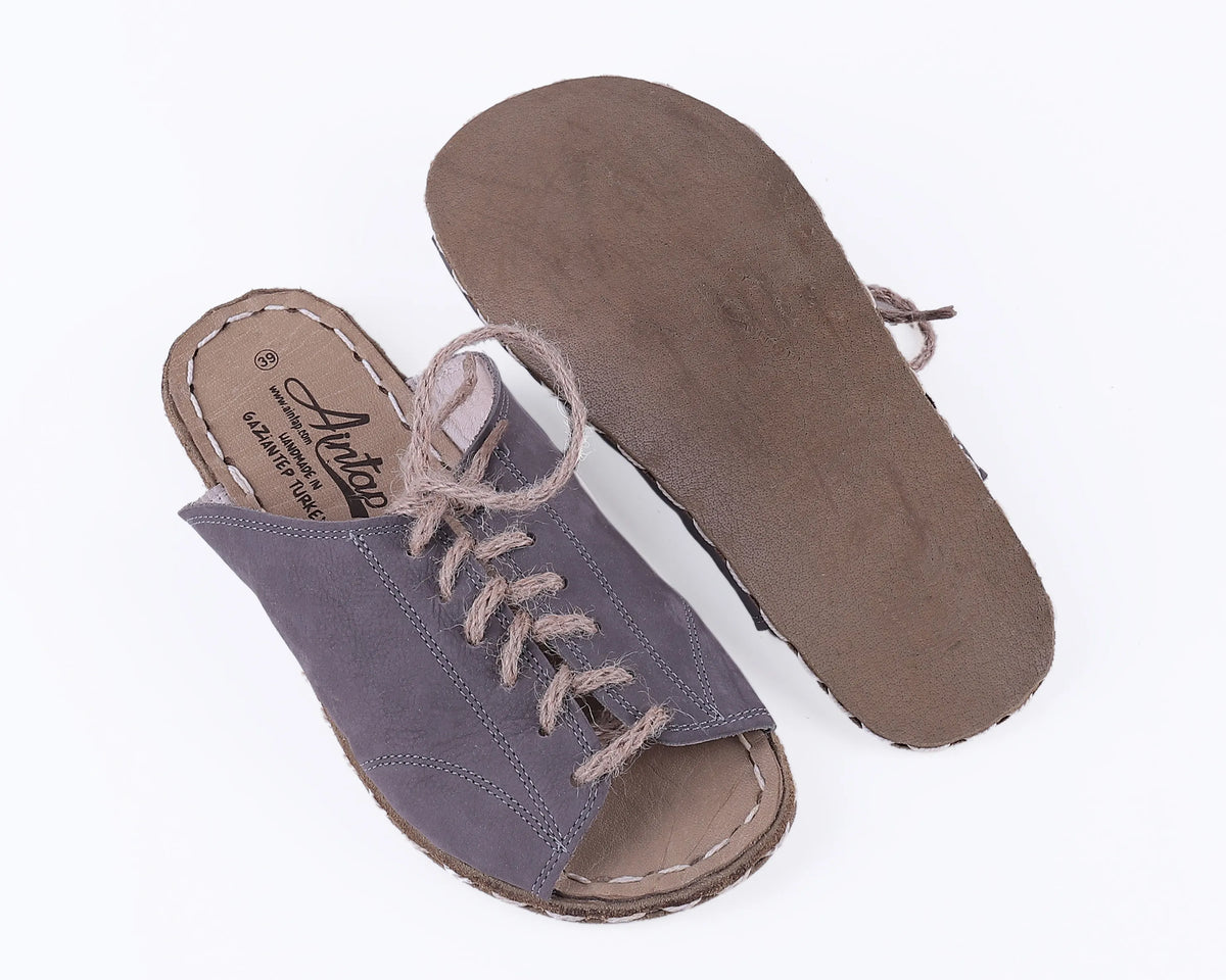 Nubuck Barefoot Laces Sandals Shoes — Leather Sole – Gray