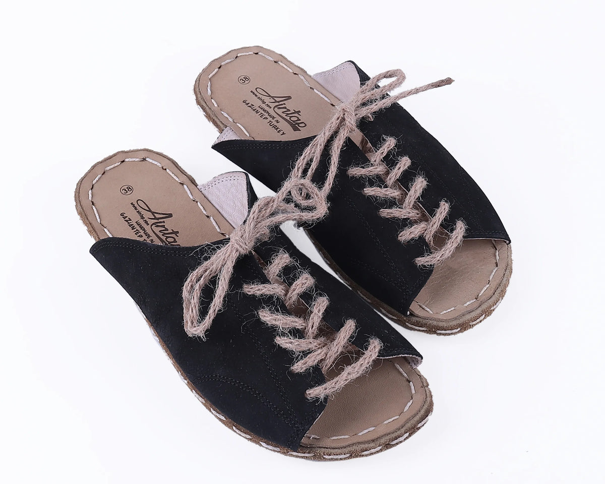 Nubuck Barefoot Laces Sandals Shoes — Leather Sole – Black