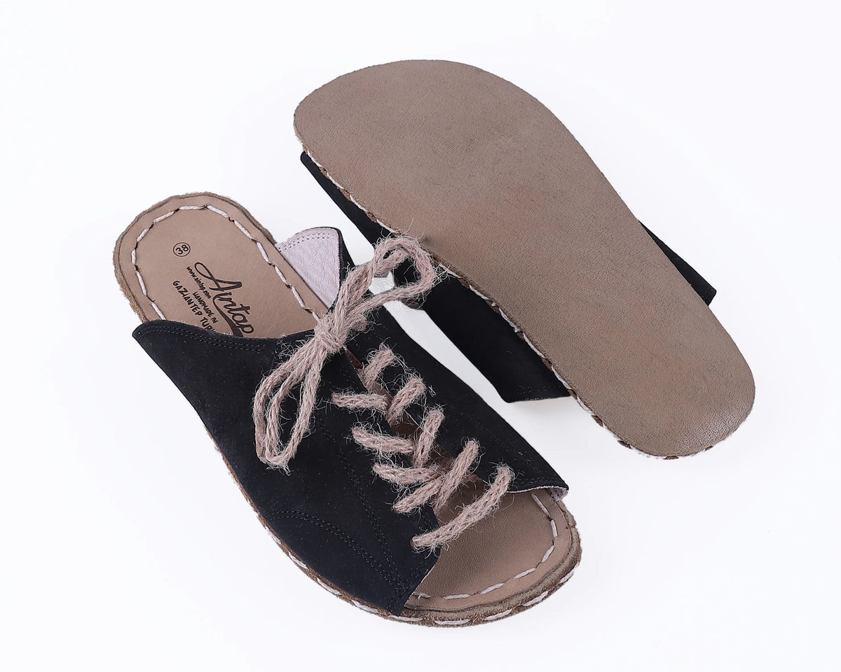 Nubuck Barefoot Laces Sandals Shoes — Leather Sole – Black