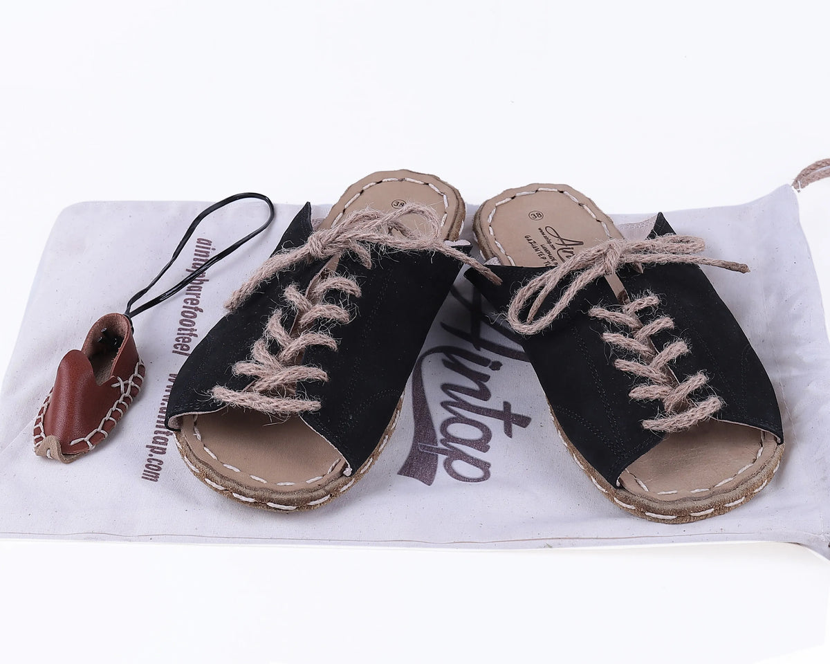 Nubuck Barefoot Laces Sandals Shoes — Leather Sole – Black