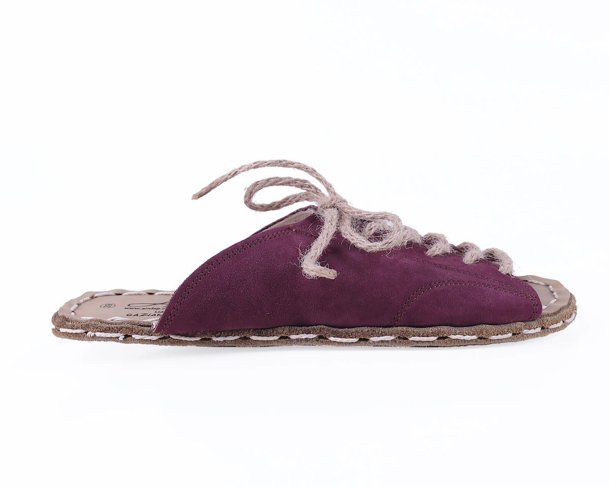 Nubuck Barefoot Laces Sandals Shoes — Leather Sole – Burgundy
