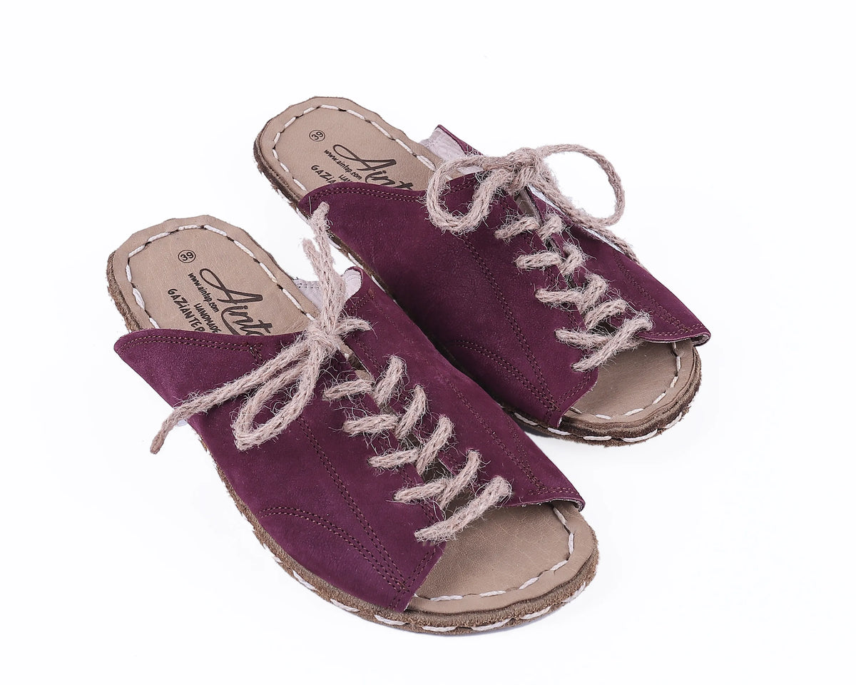 Nubuck Barefoot Laces Sandals Shoes — Leather Sole – Burgundy