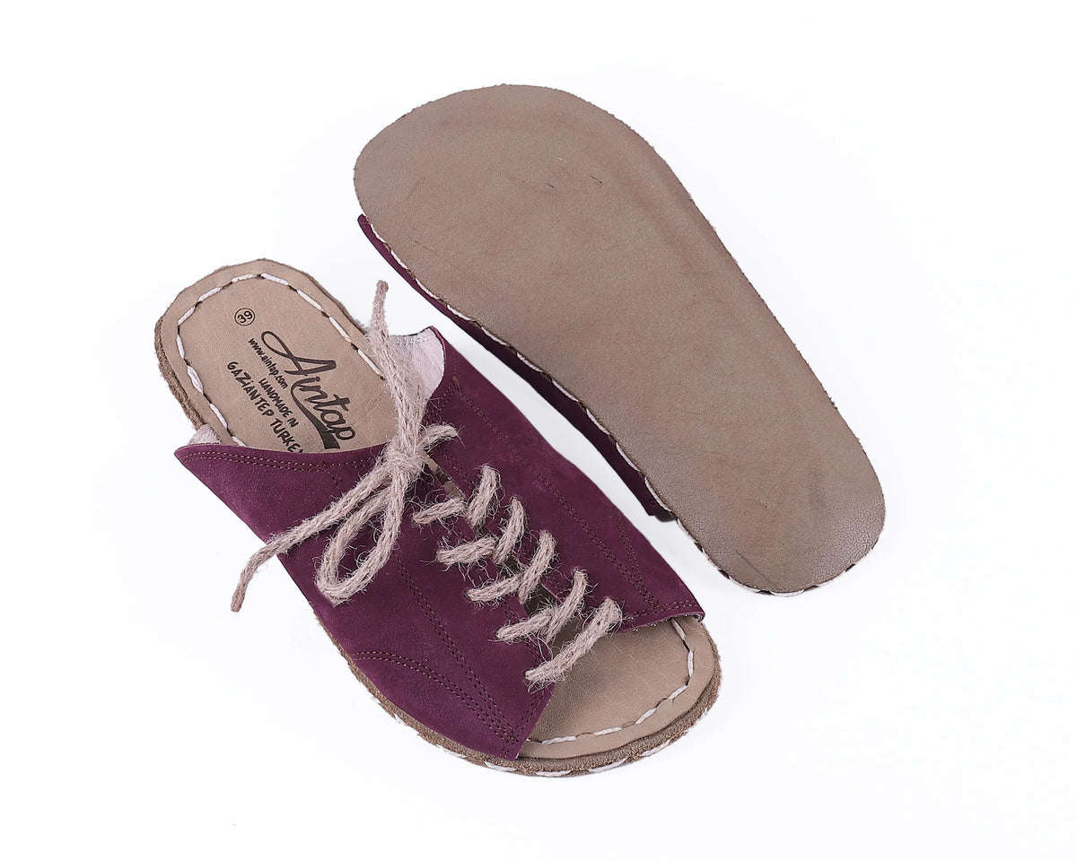 Nubuck Barefoot Laces Sandals Shoes — Leather Sole – Burgundy